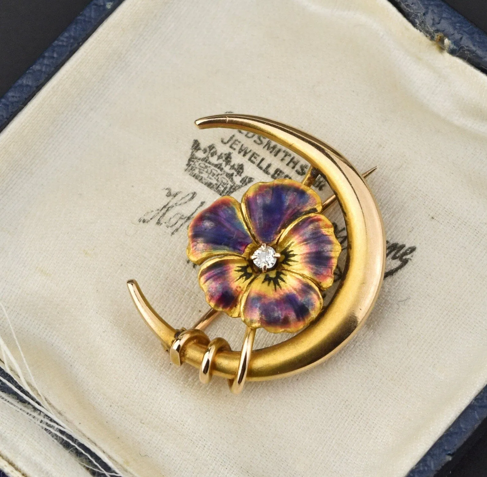 Art Nouveau 14K Gold Diamond Enamel Pansy Crescent Moon Brooch