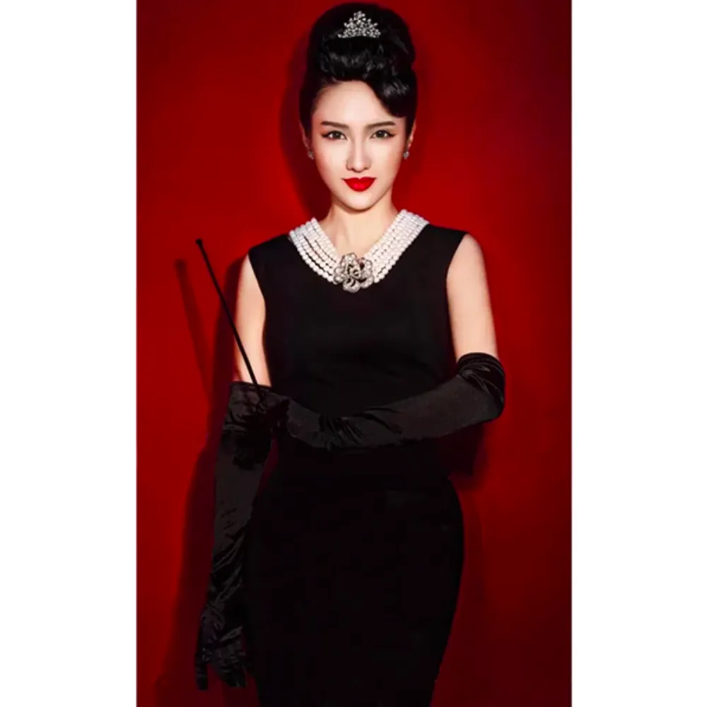 Audrey in a Bag- Premium Quality Iconic Holly Golightly Audrey Hepburn Complete Black Cotton Dress Costume Set