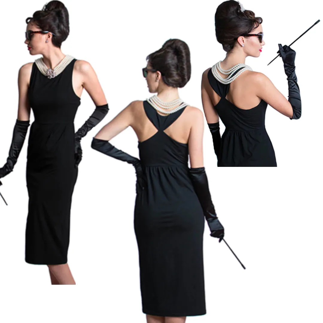 Audrey in a Bag- Premium Quality Iconic Holly Golightly Audrey Hepburn Complete Black Cotton Dress Costume Set