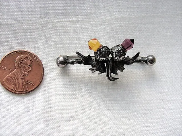 BEAUTIFUL Antique Scottish Sterling Silver Brooch Double Headed Thistles Faceted Cairngorm Amethyst Stones,Antique Scottish Bar Pin Brooch