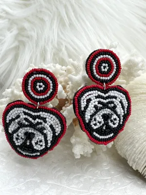 Bulldogs Earrings,Beaded Earrings, Red Black and White Earrings, Game Day Clam,Collegiate Earrings, Dawgs, Go Dawgs, Sold as a set Fast Ship