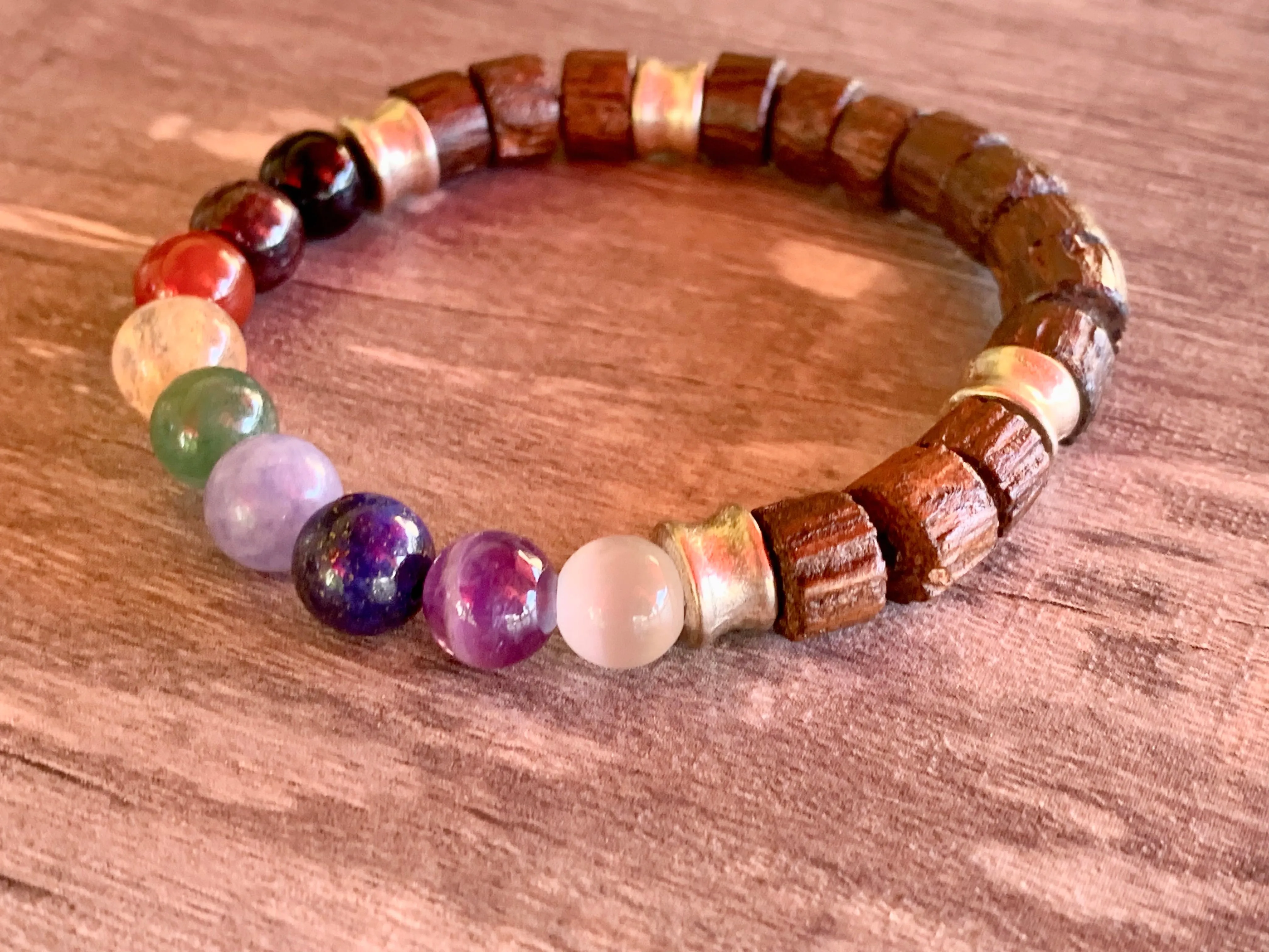 Chakras Handmade Wood and Mixed Rainbow Gemstone Expandable Chakra Bracelet