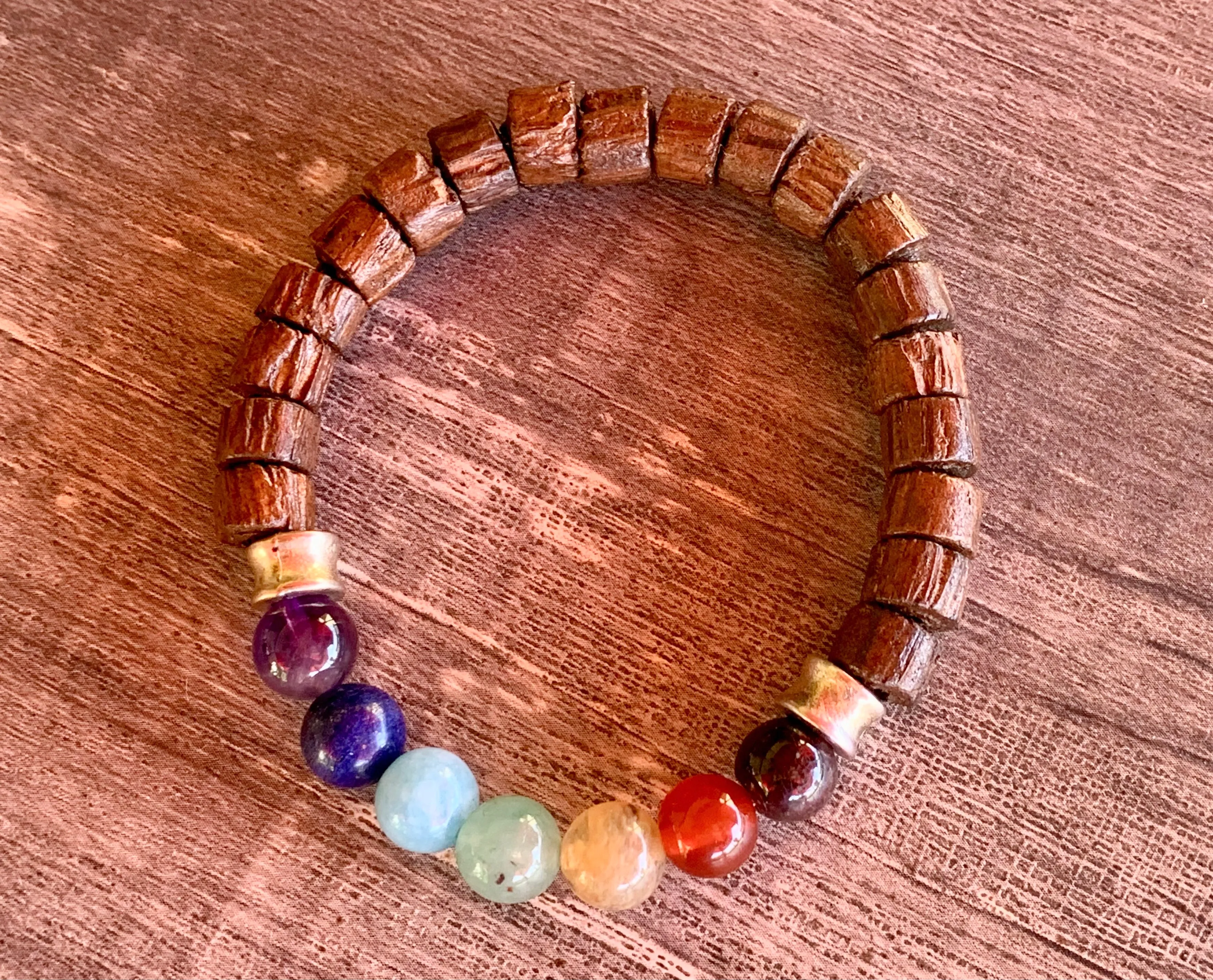 Chakras Handmade Wood and Mixed Rainbow Gemstone Expandable Chakra Bracelet