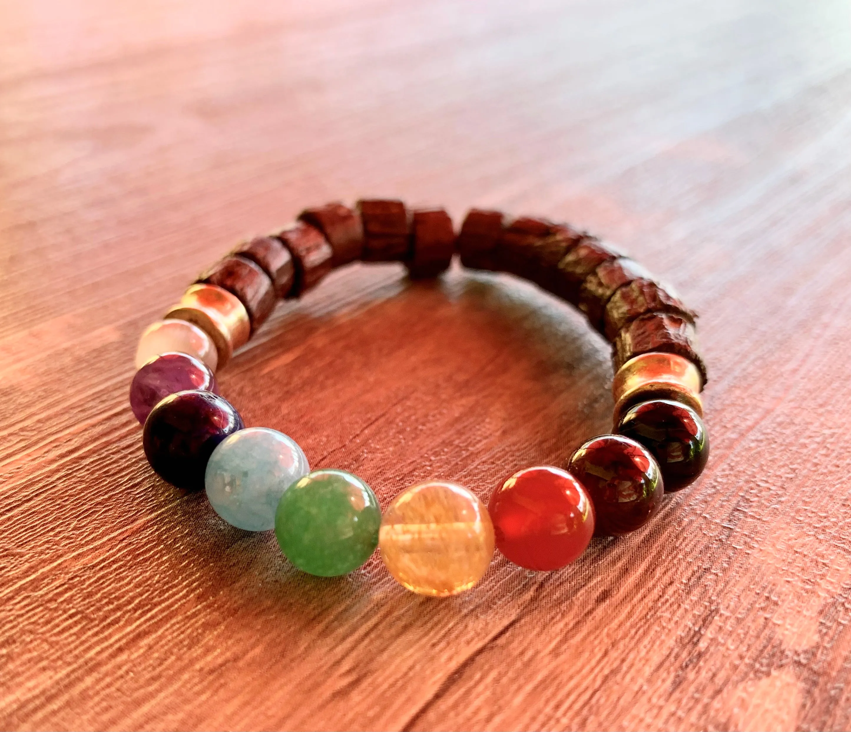 Chakras Handmade Wood and Mixed Rainbow Gemstone Expandable Chakra Bracelet