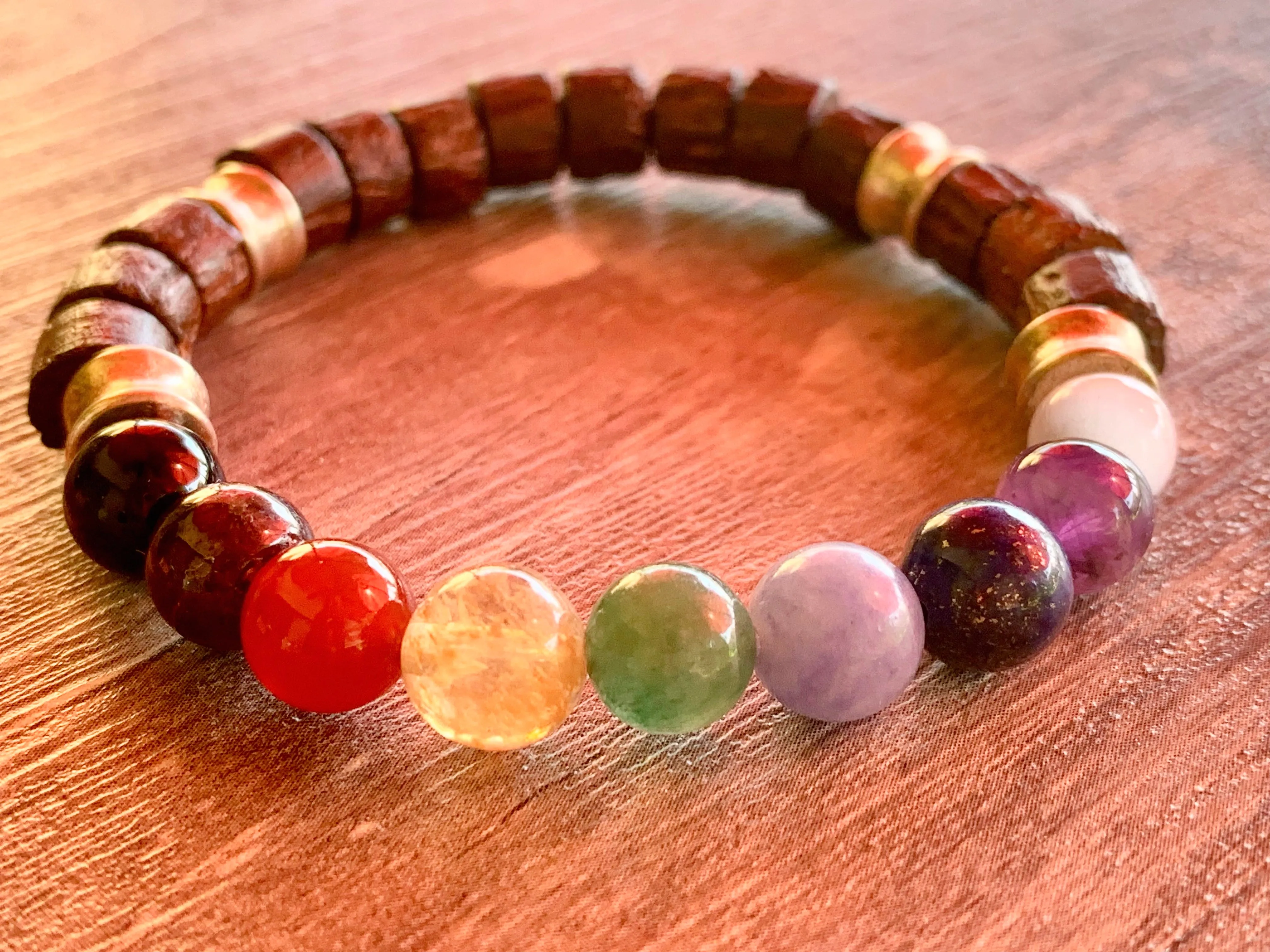 Chakras Handmade Wood and Mixed Rainbow Gemstone Expandable Chakra Bracelet