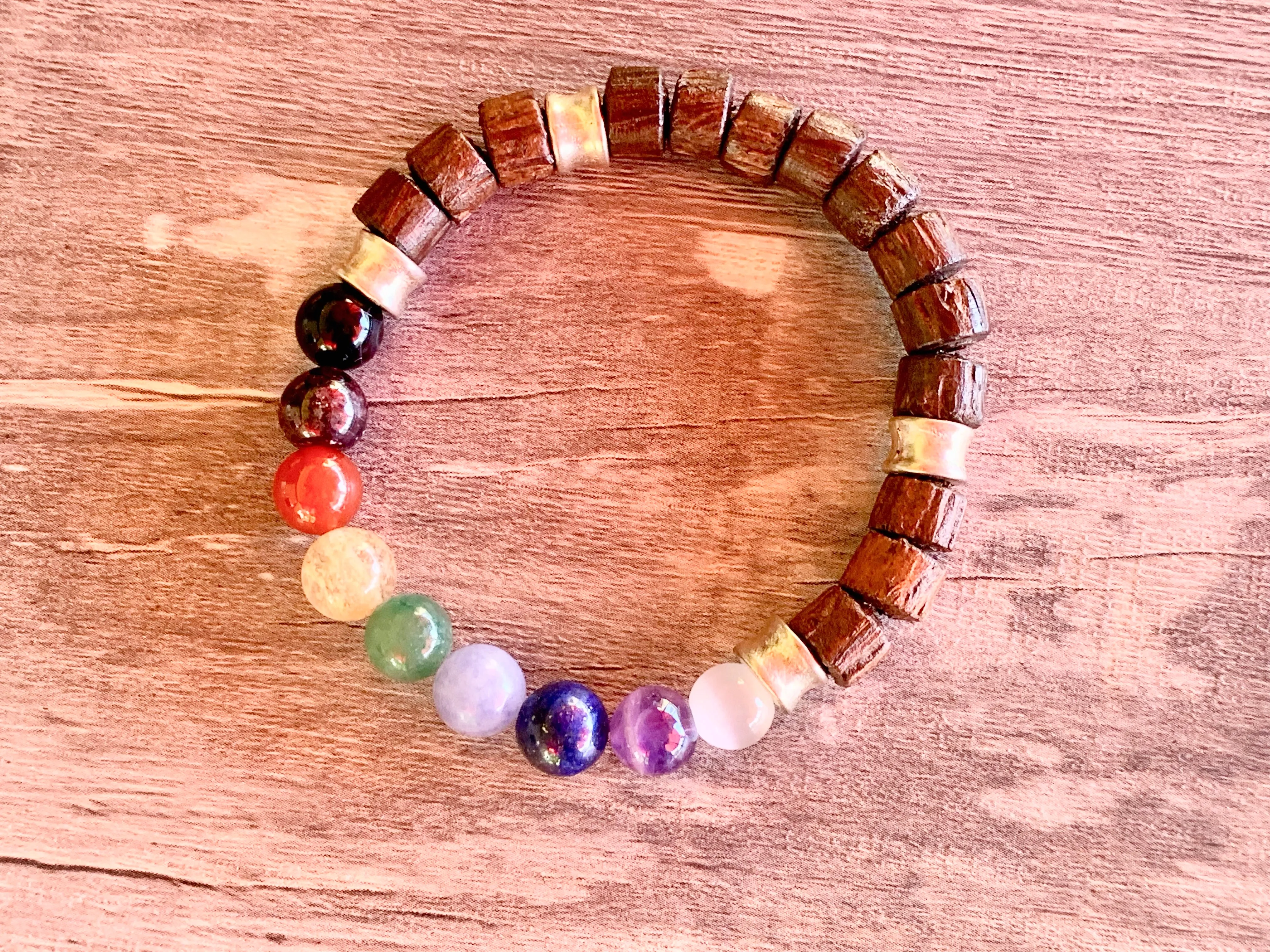 Chakras Handmade Wood and Mixed Rainbow Gemstone Expandable Chakra Bracelet