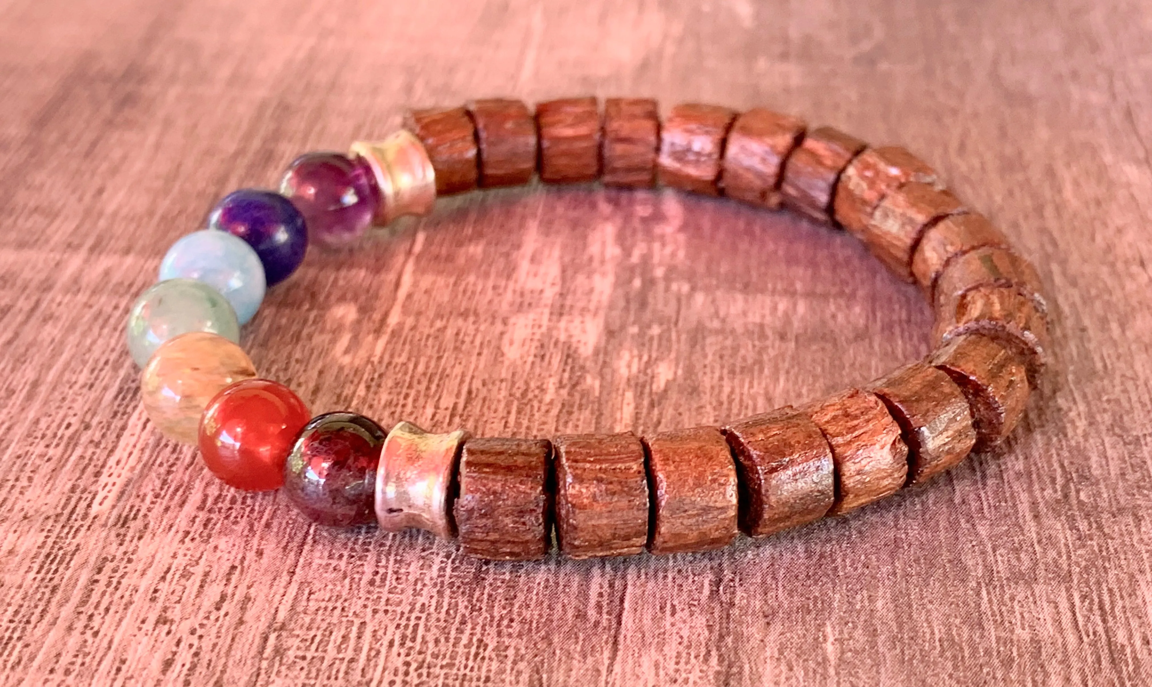 Chakras Handmade Wood and Mixed Rainbow Gemstone Expandable Chakra Bracelet