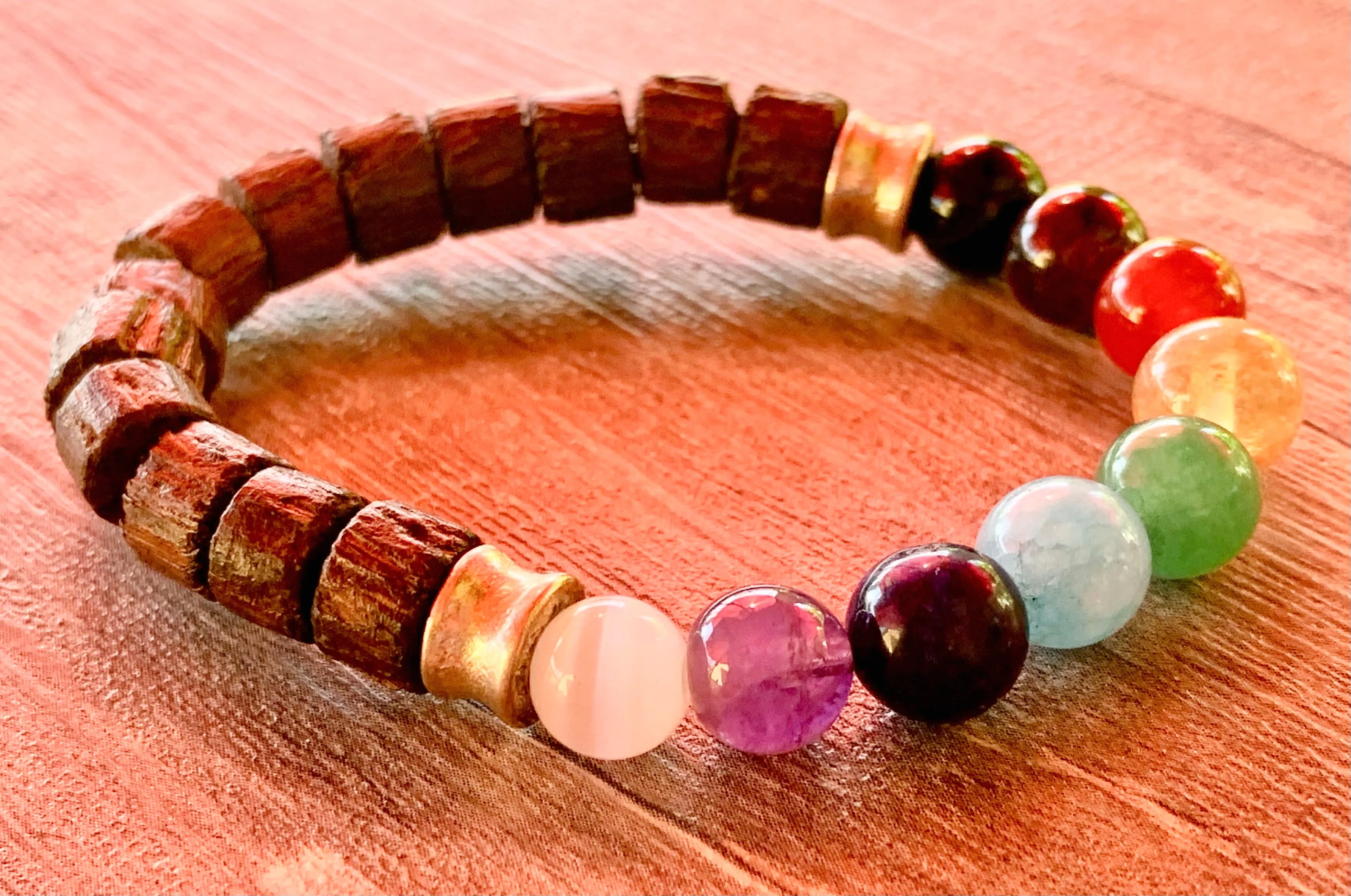 Chakras Handmade Wood and Mixed Rainbow Gemstone Expandable Chakra Bracelet