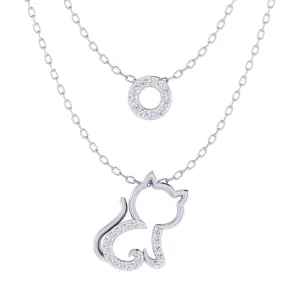 Circle and Kitty Cat Layered 1/10 Cttw Natural Diamond Pendant Necklace set in 925 Sterling Silver…