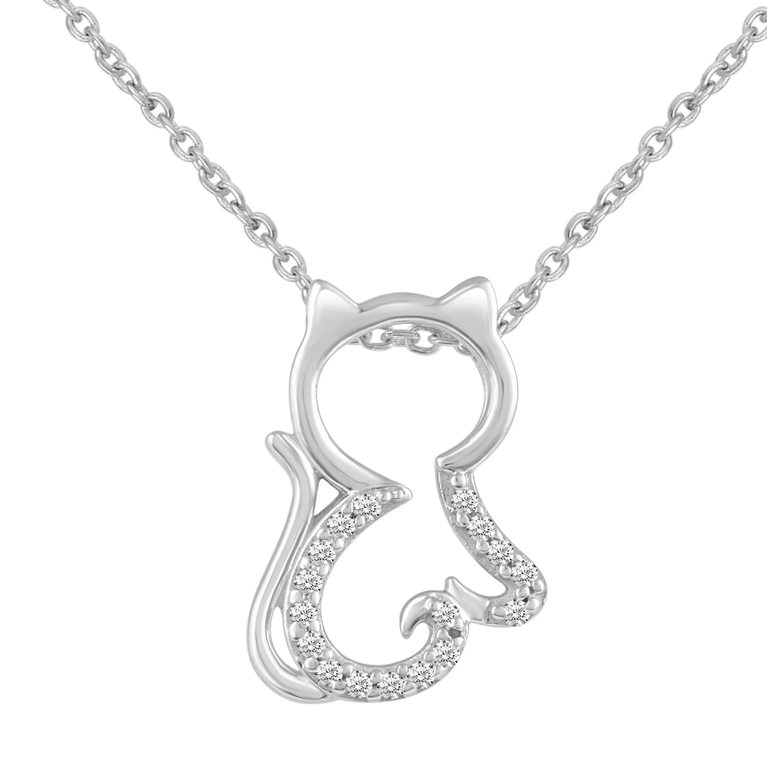 Circle and Kitty Cat Layered 1/10 Cttw Natural Diamond Pendant Necklace set in 925 Sterling Silver…