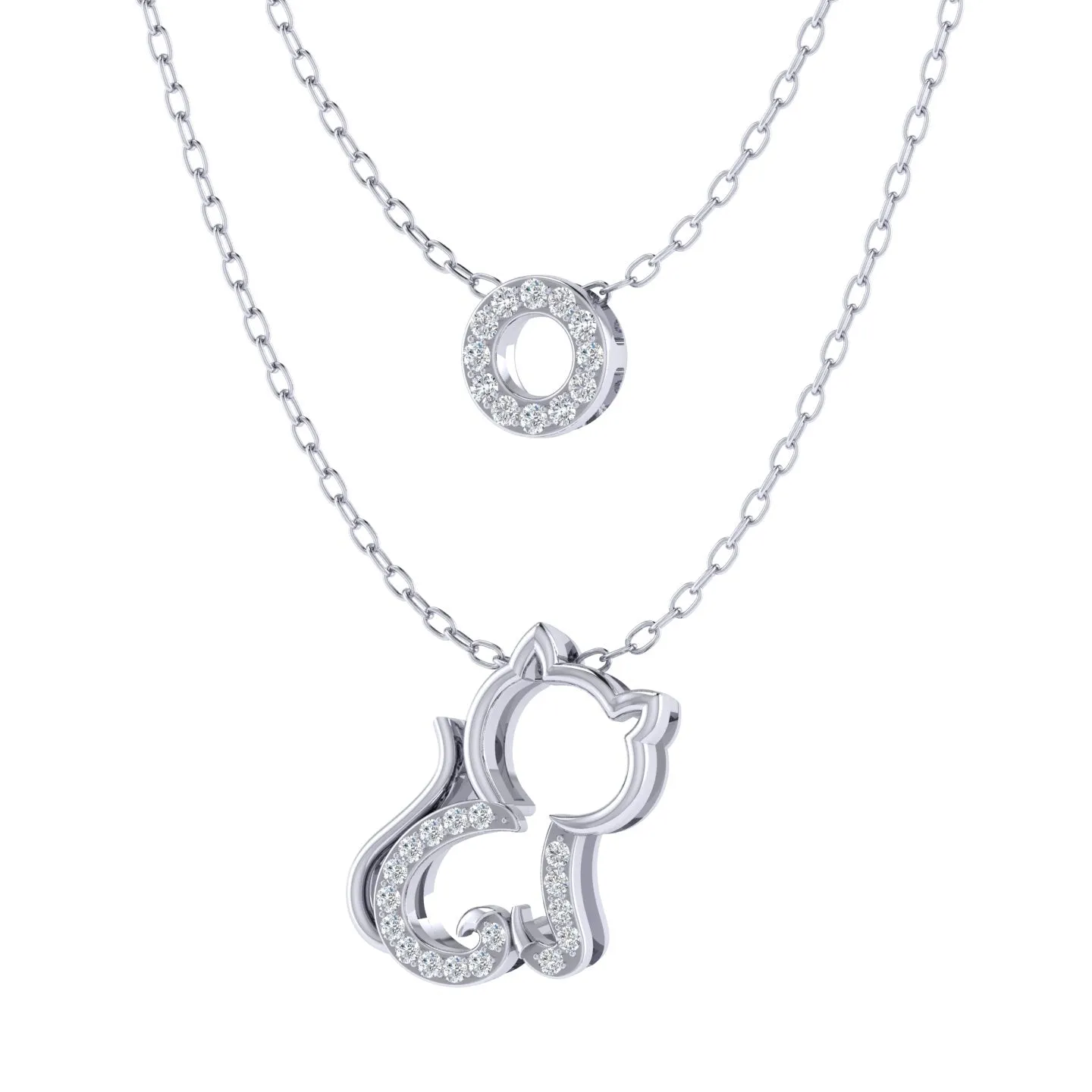 Circle and Kitty Cat Layered 1/10 Cttw Natural Diamond Pendant Necklace set in 925 Sterling Silver…