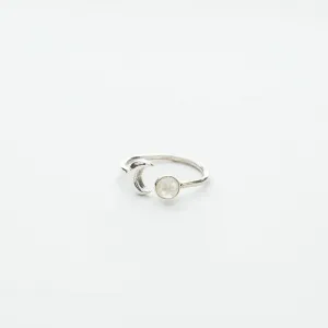 Crescent Moon and Rainbow Moonstone Open Ring in Silver