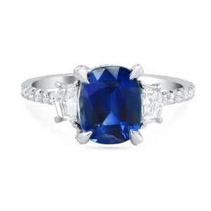 Cushion Blue Sapphire and Diamond Three Stone Ring