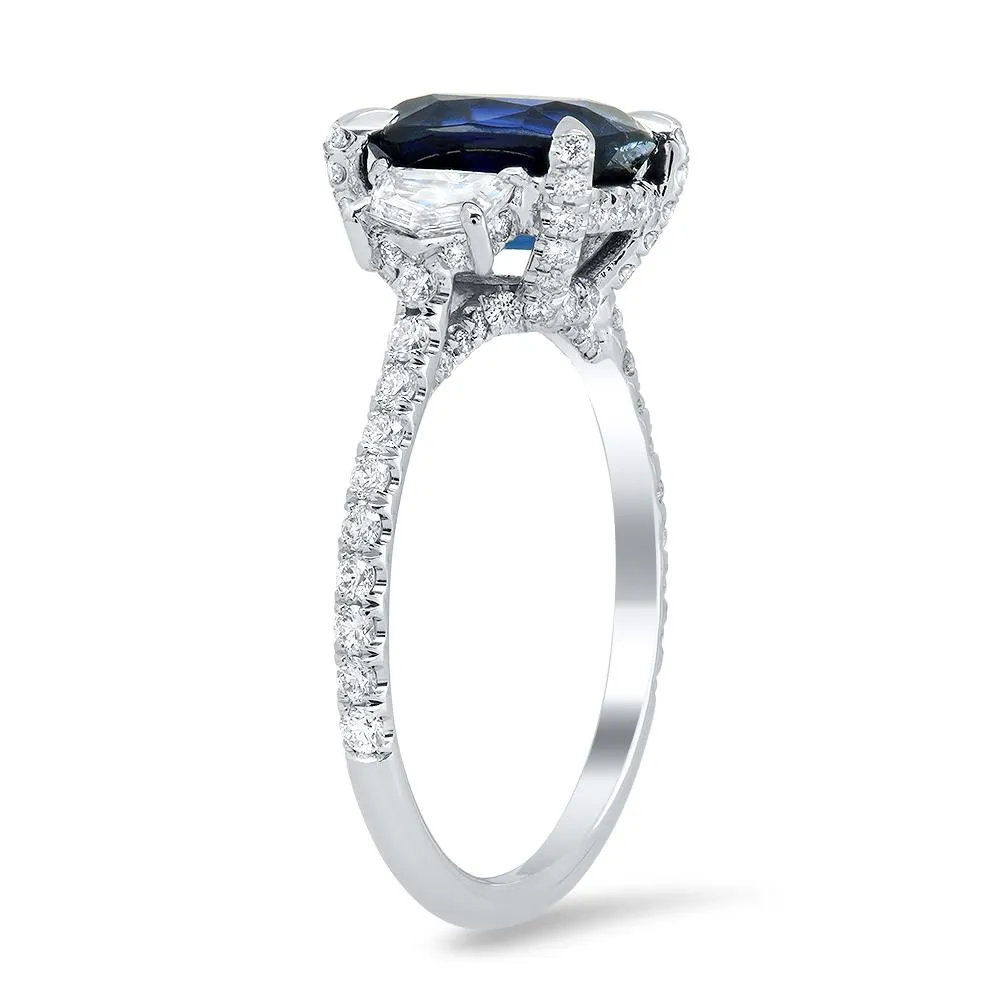 Cushion Blue Sapphire and Diamond Three Stone Ring