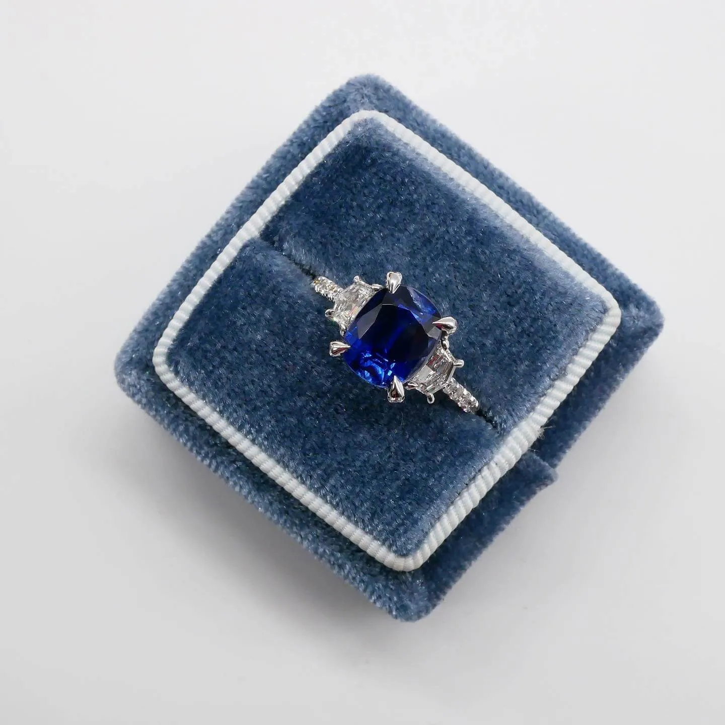 Cushion Blue Sapphire and Diamond Three Stone Ring