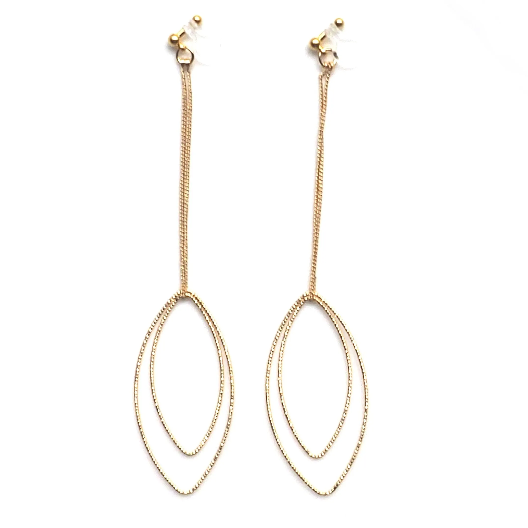 Dangle gold double textured marquise hoop invisible clip on earrings