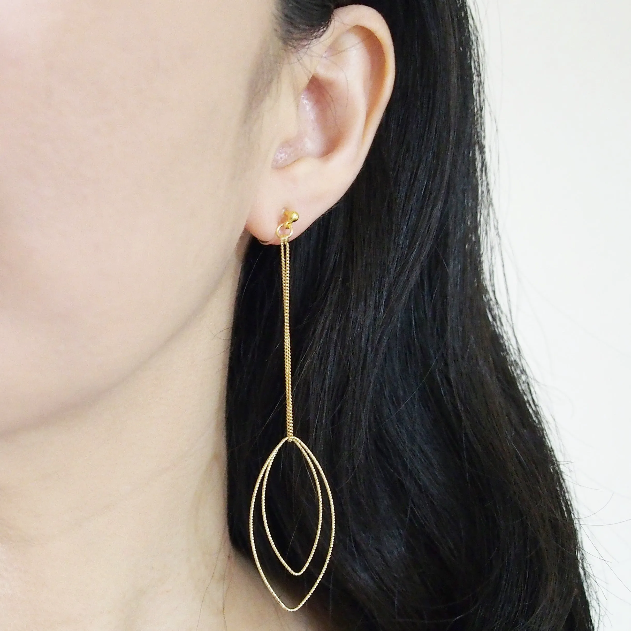 Dangle gold double textured marquise hoop invisible clip on earrings