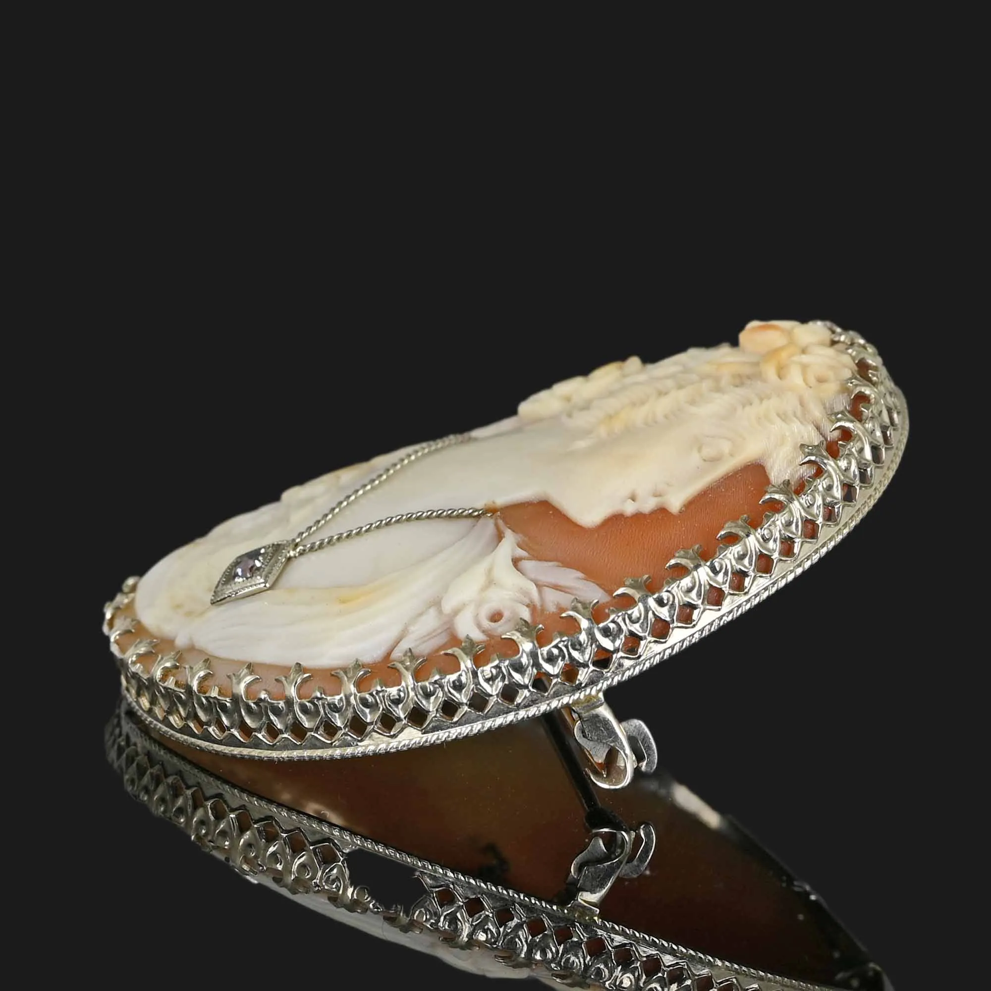 Diamond Cameo Habille 14K White Gold Brooch