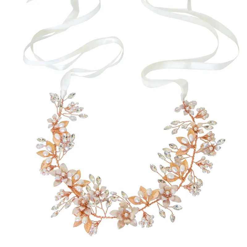 Diandra Pearl & Crystal Floral Hair Vine - Available in Silver and Rose Gold