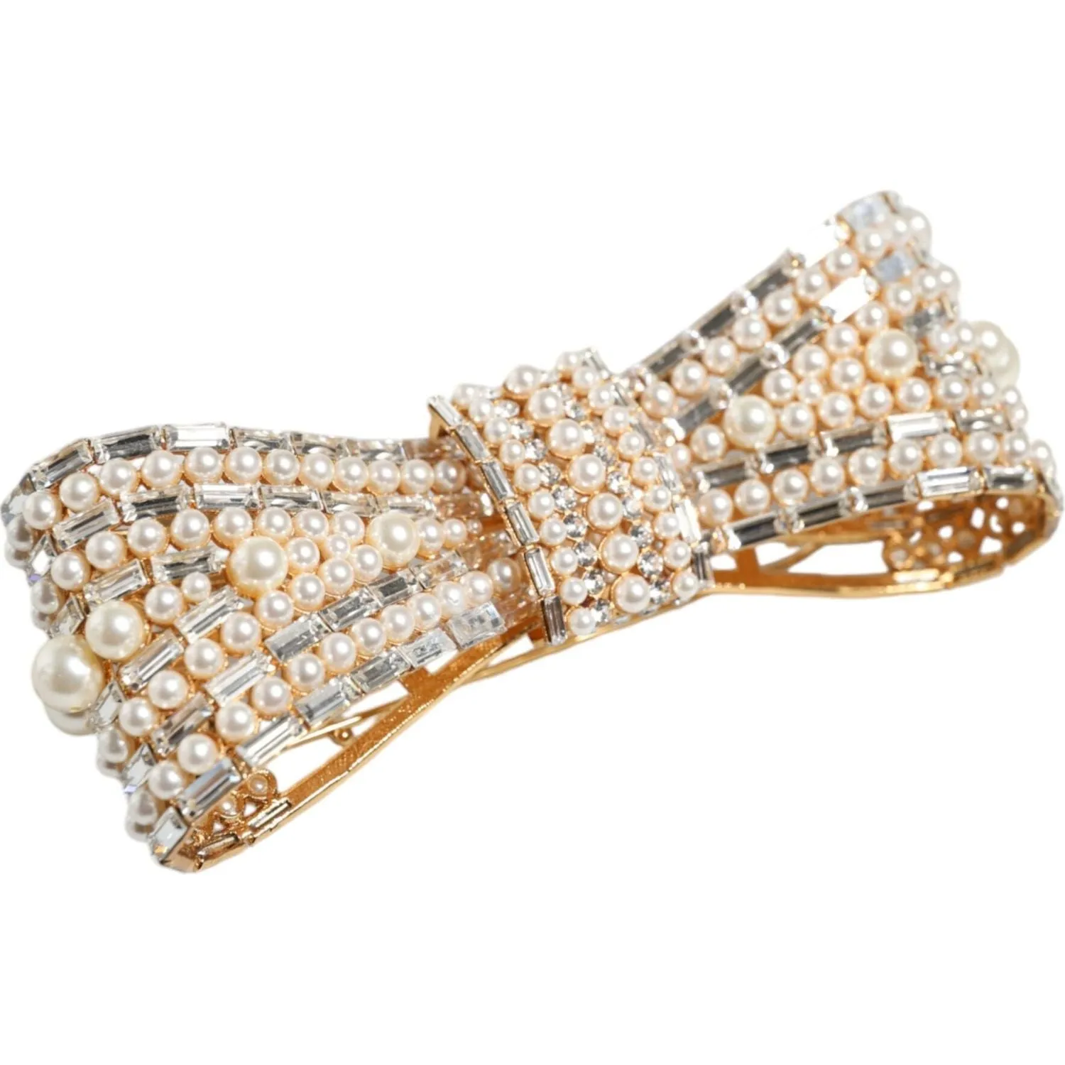 Dolce & Gabbana Gold Tone Brass Bow Crystal FauxPearl Embellished Brooch