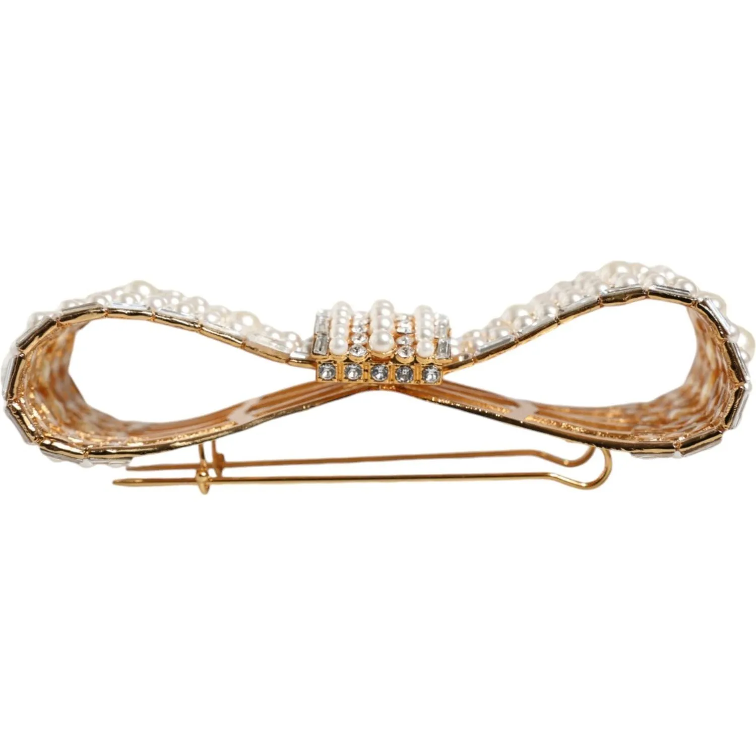 Dolce & Gabbana Gold Tone Brass Bow Crystal FauxPearl Embellished Brooch