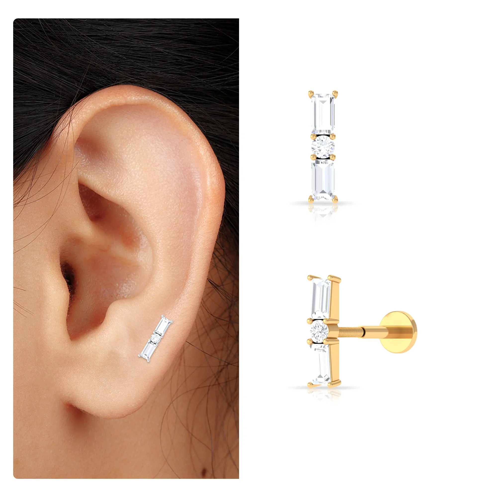 Elegant Baguette and Round Moissanite Bar Helix Earring