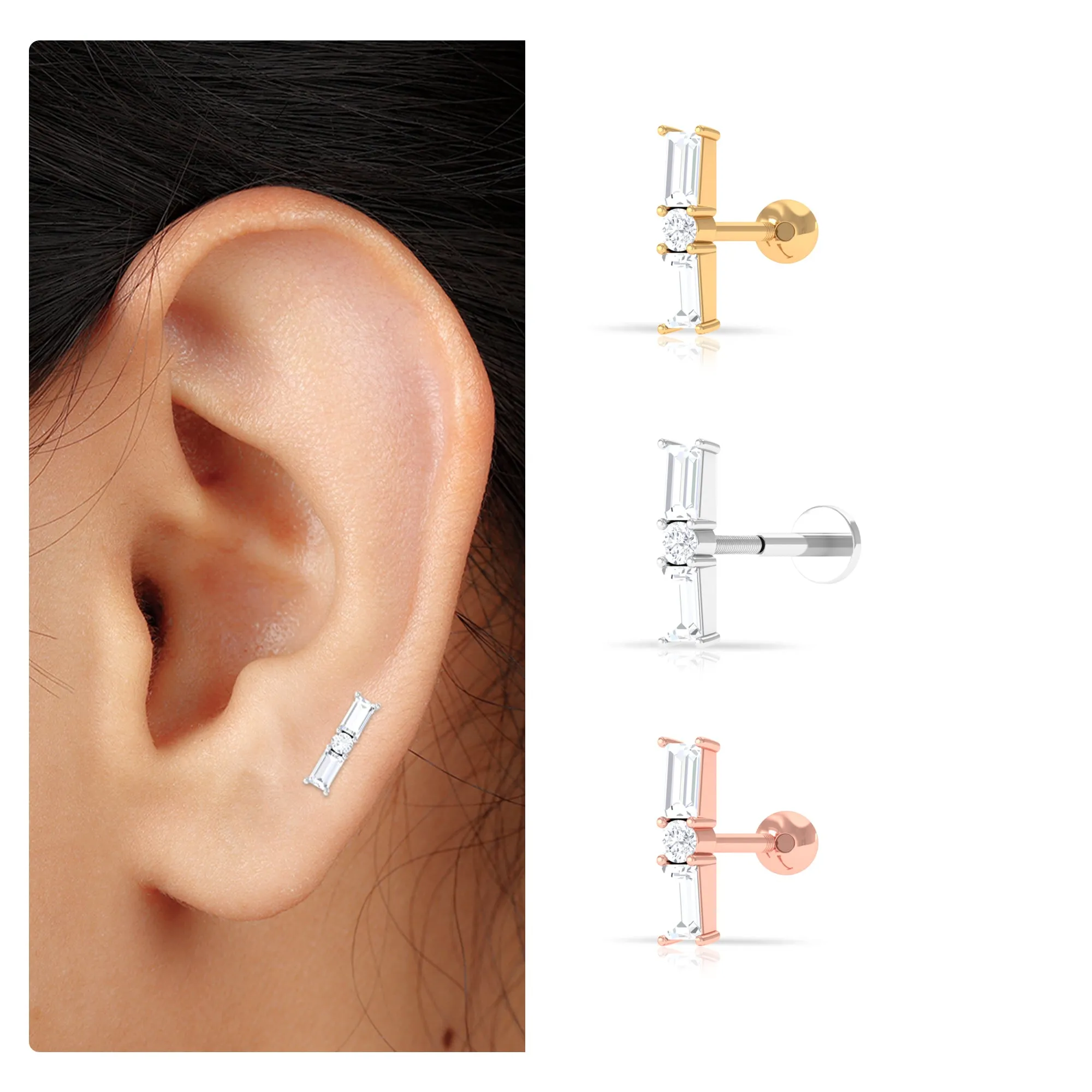 Elegant Baguette and Round Moissanite Bar Helix Earring