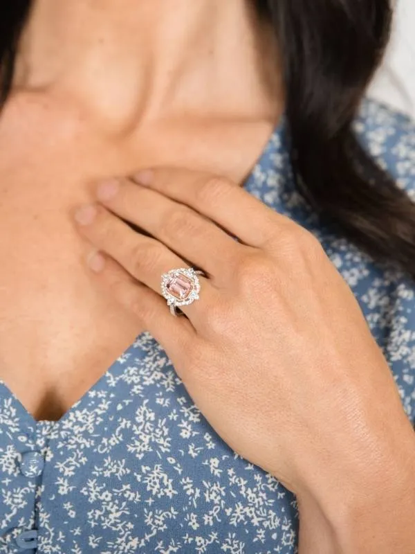 Emerald-Cut Morganite & Diamond Double Halo Ring