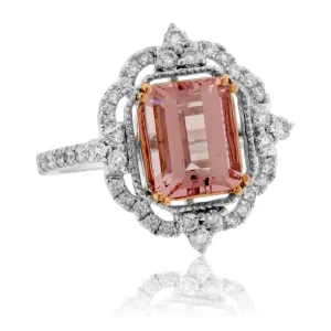 Emerald-Cut Morganite & Diamond Double Halo Ring