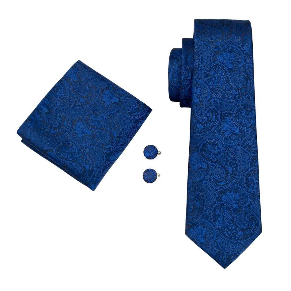 Fanstastic Blue Paisley Tie Pocket Square Cufflinks Set with Brooch