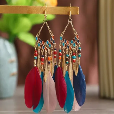 Feather Beads Bohemian Earrings | Tassel Feather Drop Earrings | Contemporary Bohemian Style Earrings | Long Fringe Dangle Earring for Women