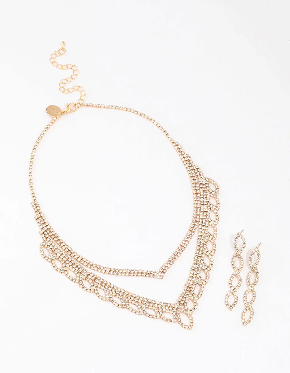 Gold Diamante Leaf Pointed Earrings & Necklace Set