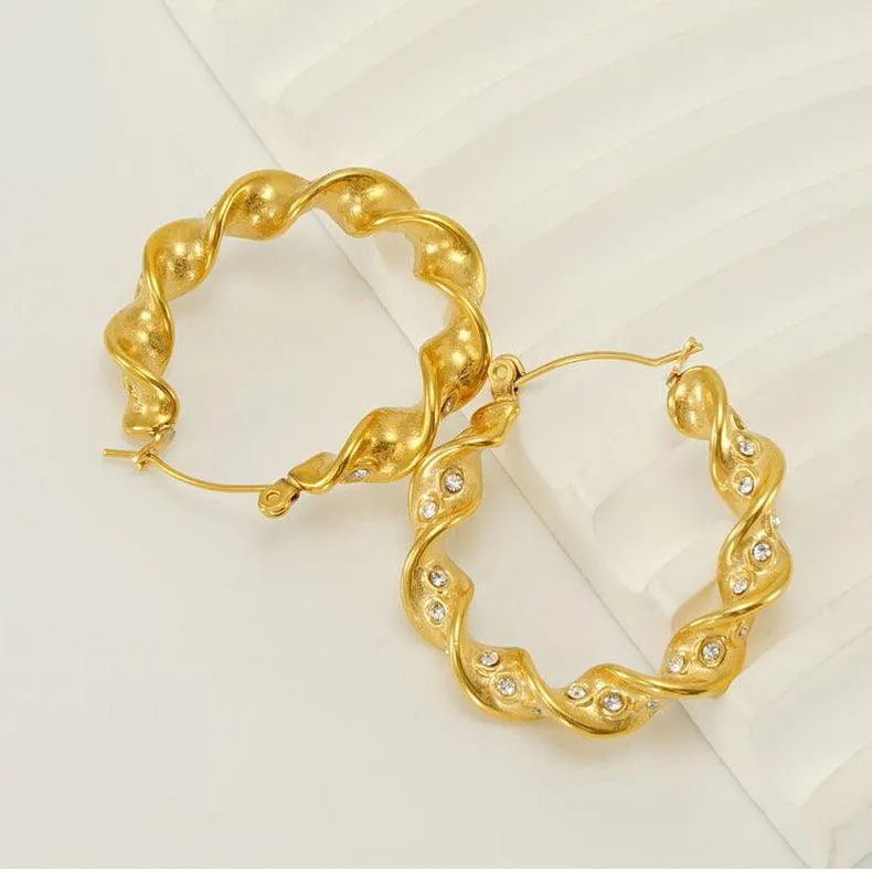 Gold-Plated Twisted Hoop Drop Earrings with Rhinestones – Trendy Earrings