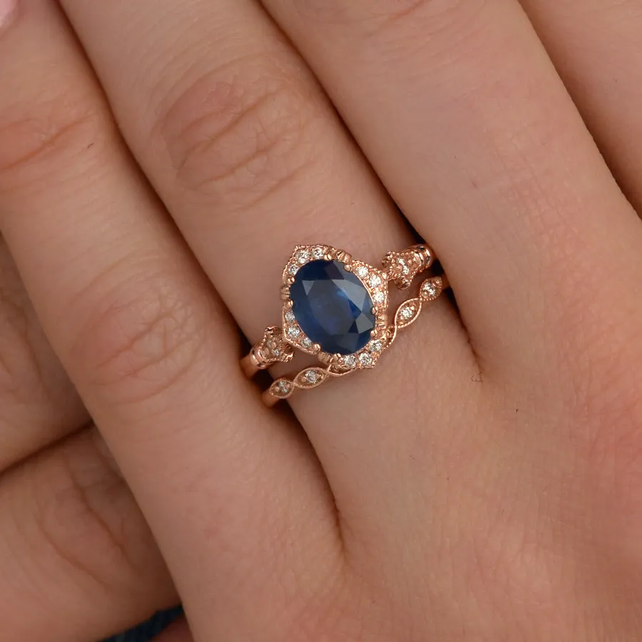 Haydee natural Blue Sapphire Oval Halo Engagement Ring Vintage Style