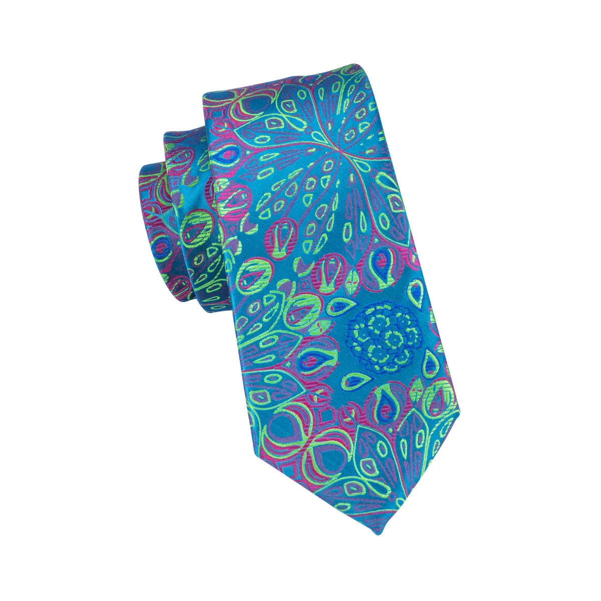 Hi-Tie Blue Green Floral Tie Handkerchief Cufflinks Set with Brooch