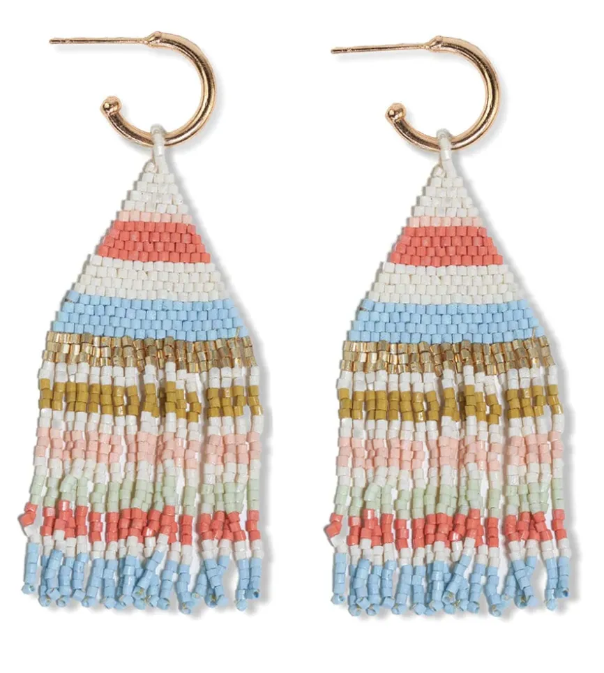 James Mini Gold Hoop Horizontal Stripes Beaded Fringe Earrings Amalfi