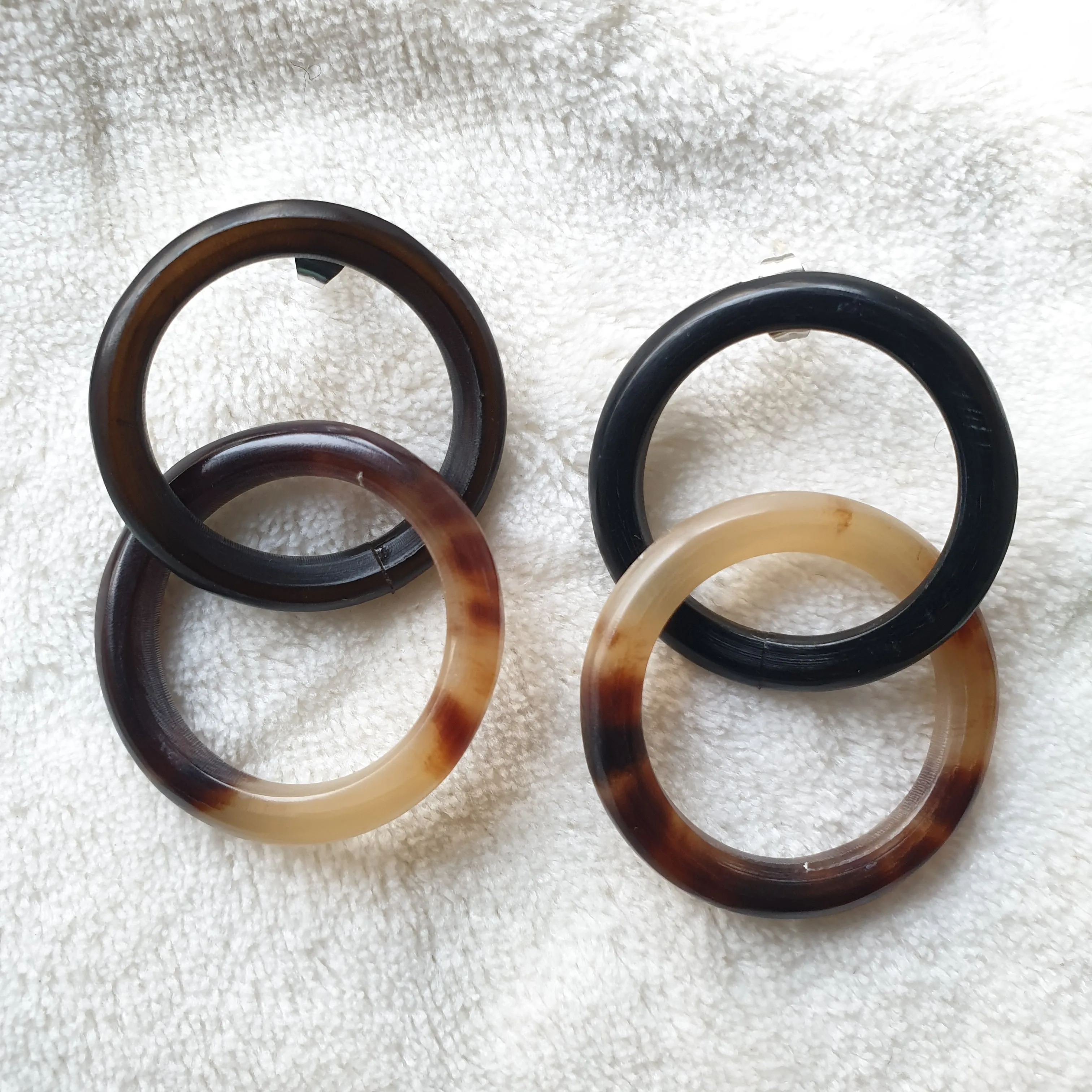 Jasmino Minimalist Black Brown Double Circle Stud Earrings Made By Natural Buffalo Horn