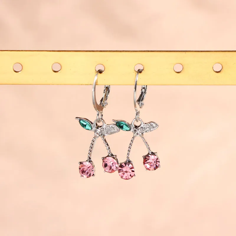 JUST FEEL Korean Cute Cherry Drop Earrings for Women Multicolor Crystal Fruit Earrings Fashion Small Fresh Jewelry Party Gift