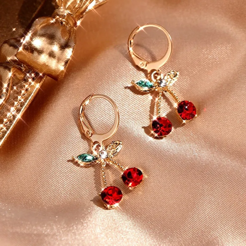 JUST FEEL Korean Cute Cherry Drop Earrings for Women Multicolor Crystal Fruit Earrings Fashion Small Fresh Jewelry Party Gift