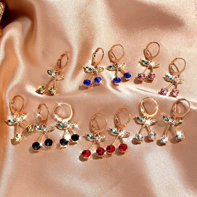 JUST FEEL Korean Cute Cherry Drop Earrings for Women Multicolor Crystal Fruit Earrings Fashion Small Fresh Jewelry Party Gift