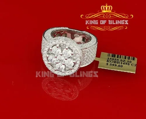 King Of Bling'sWhite 925 Silver Sterling 14.00ct Round Cubic Zirconia Fashion Men's Ring SZ9.5