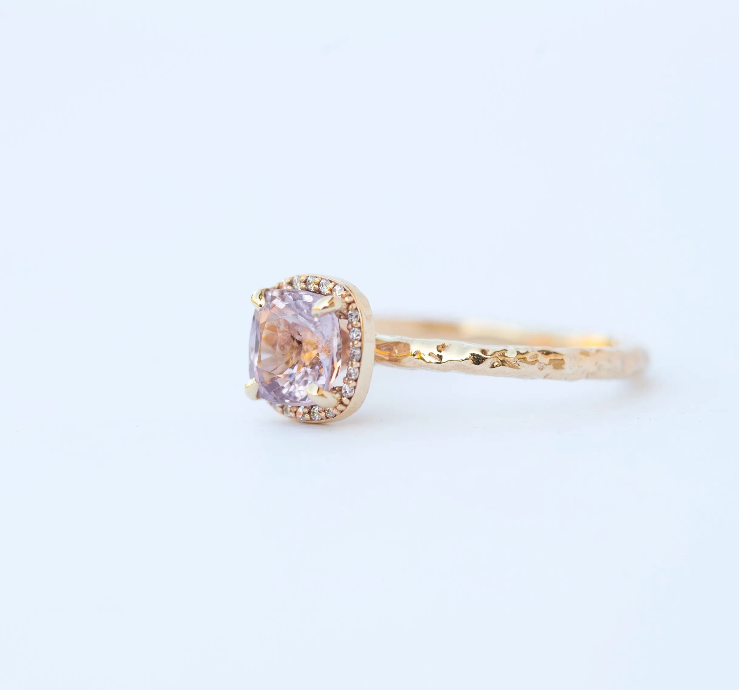 Lavender Lilac Cushion Spinel and Diamond Engagement Ring in Hand Carved Recycled Yellow Gold Earthy Setting - Gemstone Engagement Ring by Anueva Jewelry