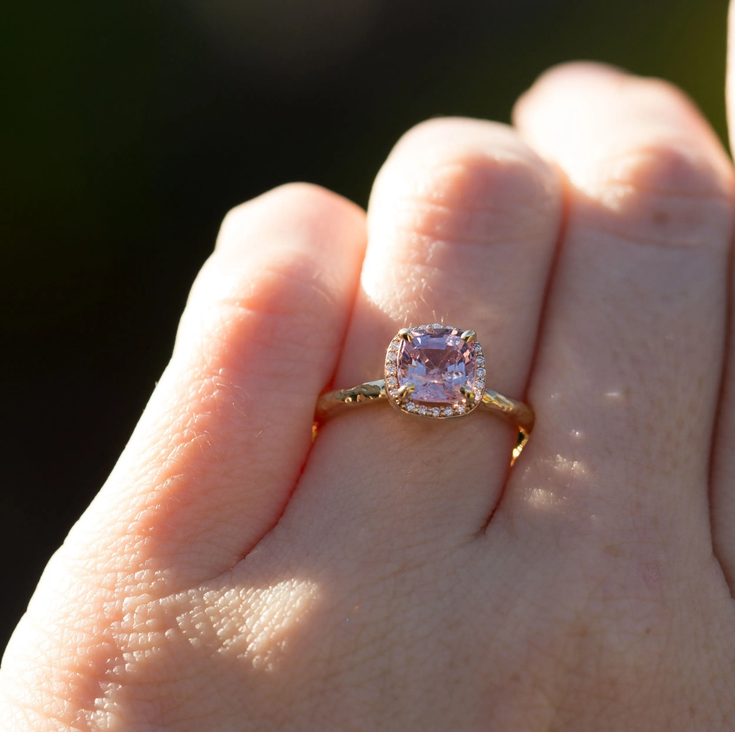 Lavender Lilac Cushion Spinel and Diamond Engagement Ring in Hand Carved Recycled Yellow Gold Earthy Setting - Gemstone Engagement Ring by Anueva Jewelry