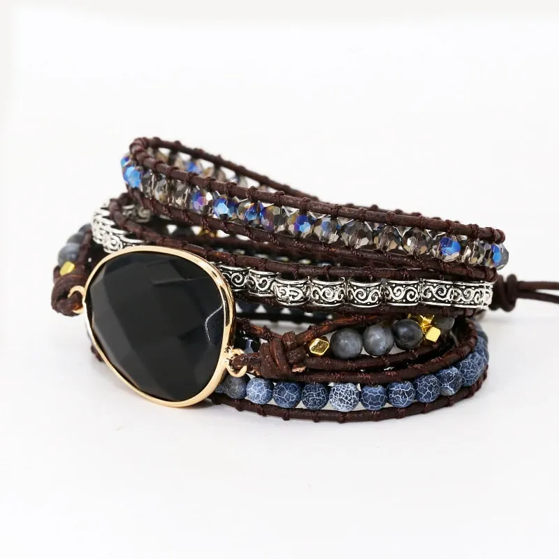 Leather Bracelet Black Onyx Mix 5 Strands women and men Wrap Bracelets