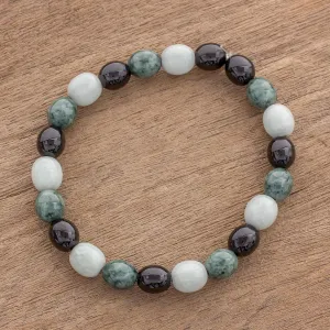 Light and Shade Black Green and Pale Natural Jade Beaded Stretch Bracelet