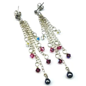 Long Sterling Silver Crystal  Pearl Tassel Earrings