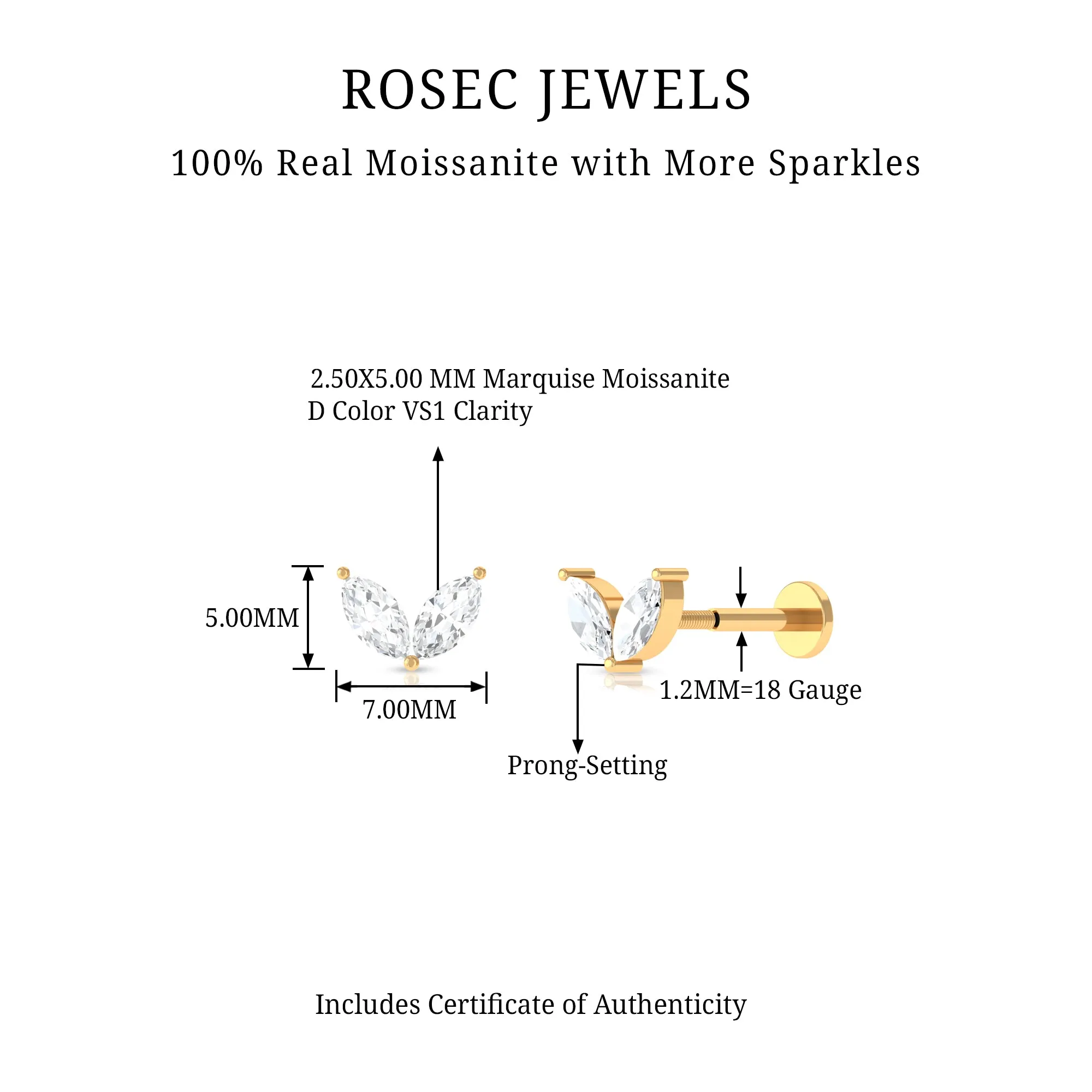 Marquise Cut Moissanite Two Stone Leaf Helix Earring