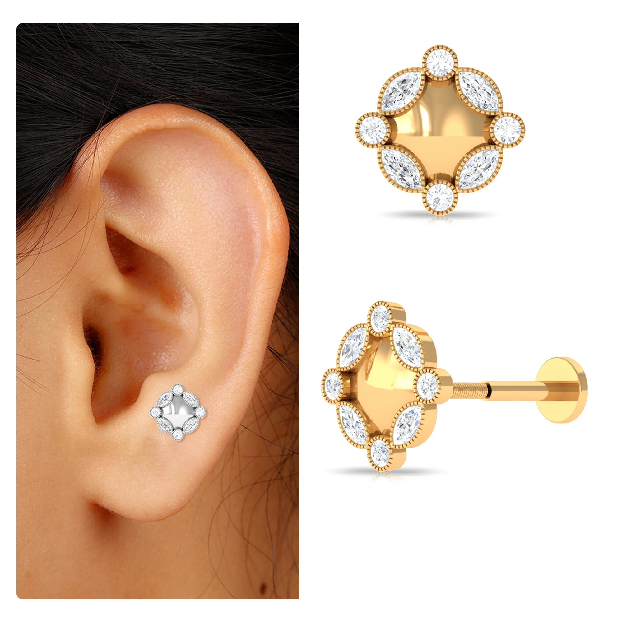 Minimalist Moissanite Floral Earring for Helix Piercing