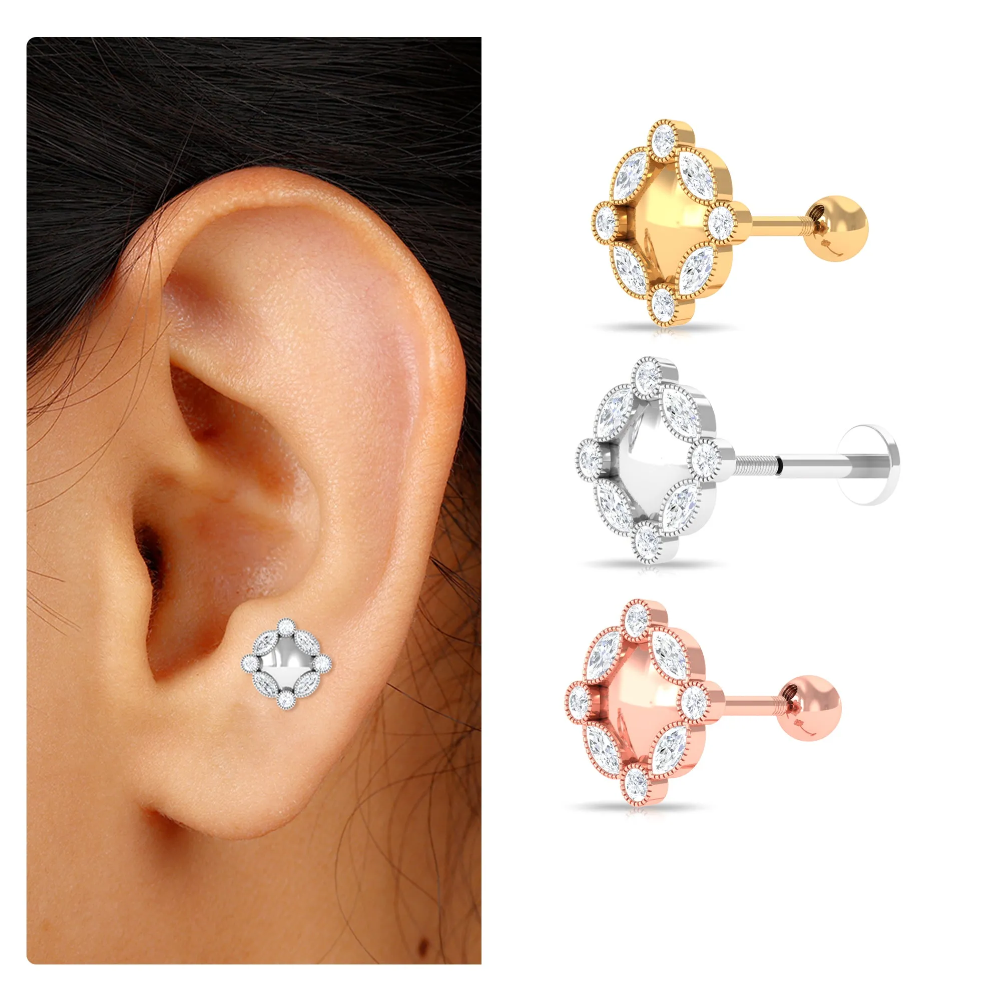 Minimalist Moissanite Floral Earring for Helix Piercing