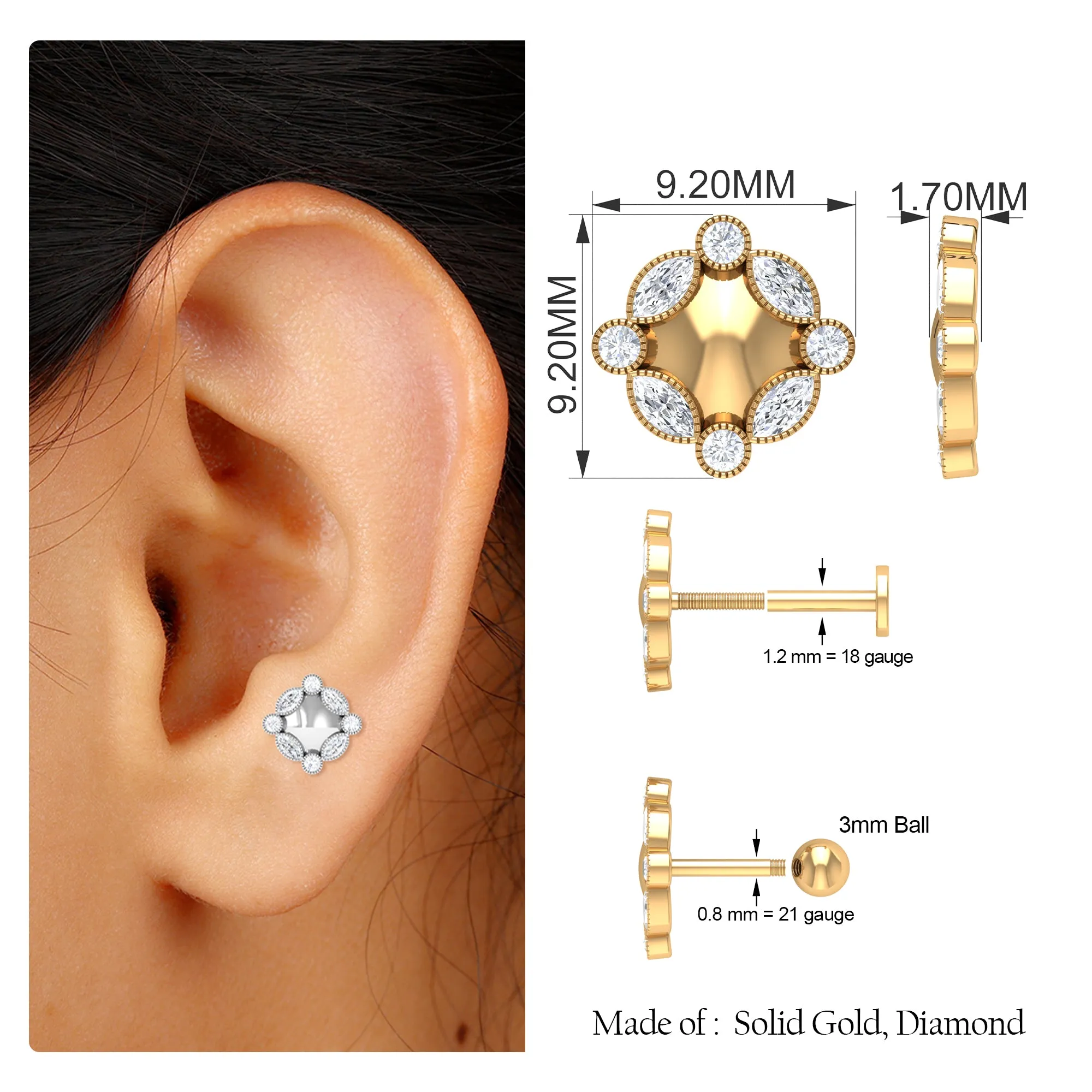 Minimalist Moissanite Floral Earring for Helix Piercing